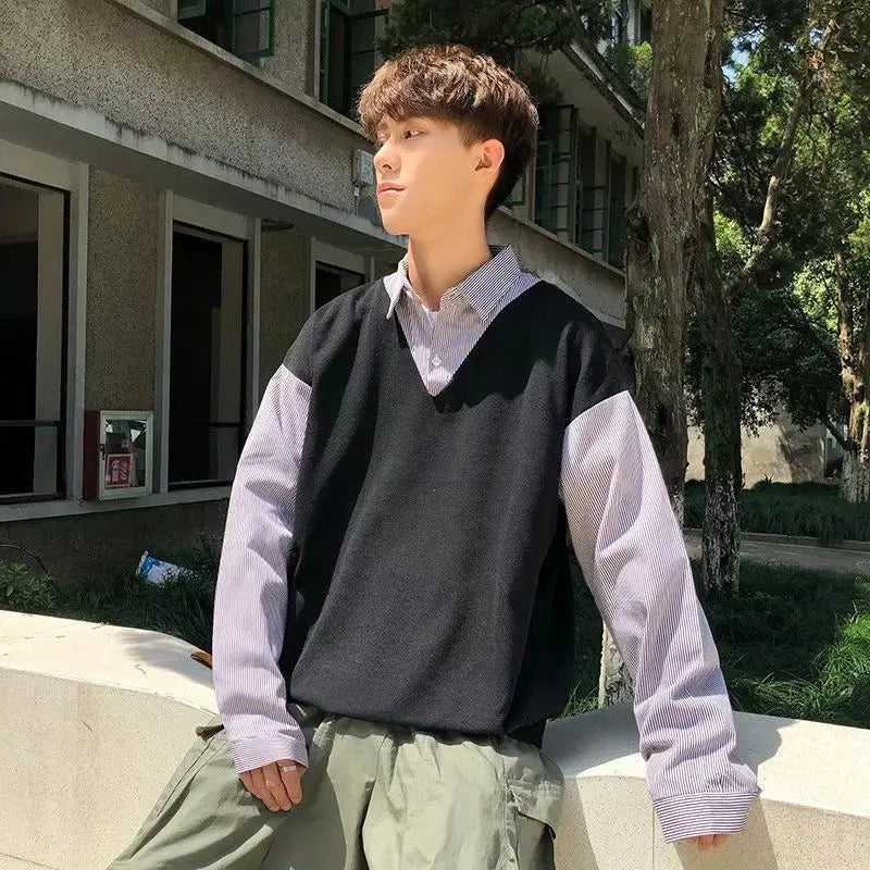 FORUWISH  -   Korean Fake Two Piece Sweater Men's 2024 Autumn New Spliced Square Collar Button Fashion Loose Casual Long Sleeve Knitted Top