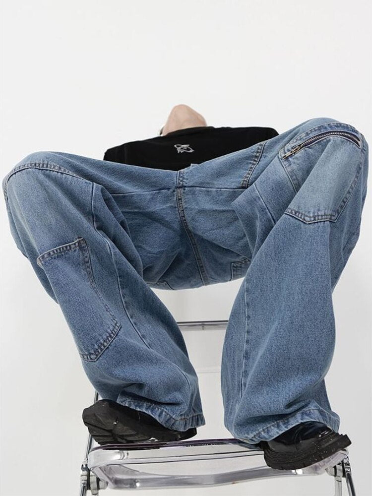 Baggy Cargo Jeans Men Denim Wide Leg Trousers Male Oversize Casual Streetwear Hip Hop Pocket Zipper Safari Style