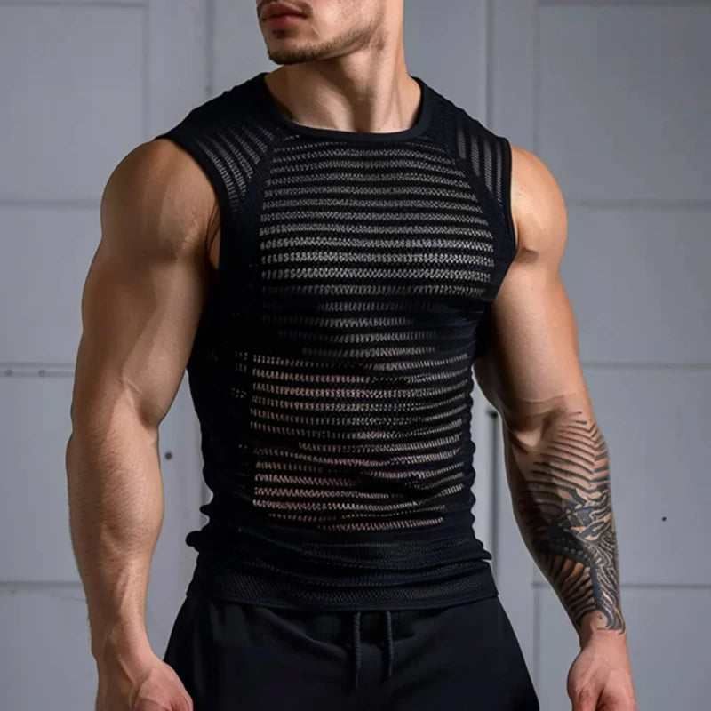 Sexy Mens See Through Mesh Tank Tops Fashion Hollow Out Breathable Sports Slim Camisoles Men Summer Trendy Sleeveless T Shirts