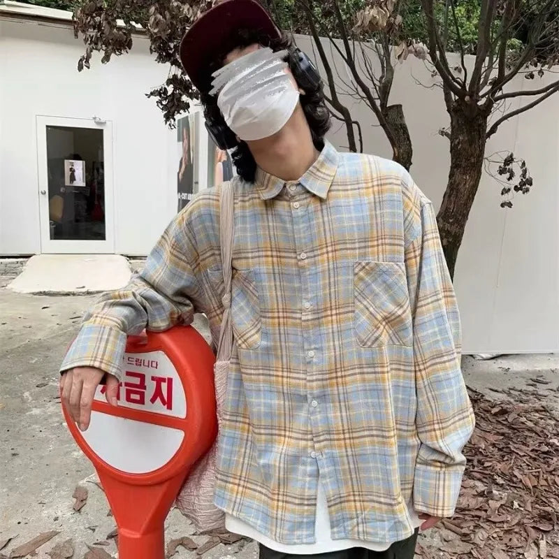 Vintage Plaid Shirts Men Fashion Teens Couples All-match Outwear Streetwear Baggy Y2k Tops Handsome Slouchy Clothing Korean Ins