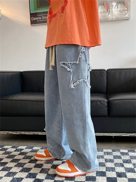 High Street Star Embroidered Jeans Men Retro Washed Patch Loose Wide Leg Pants American Casual Loose Straight Y2K Pants