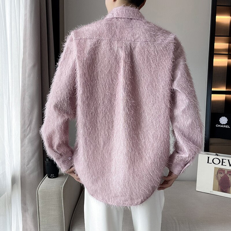 Autumn Long Sleeve Shirt Men Slim Fashion Social Mens Dress Shirt Korean Green Pink Plush Shirts Mens Business Casual Shirt