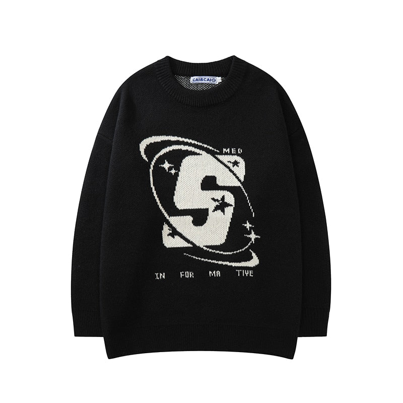 Capital Letter Print Solid Color Retro Men's and Women's Autumn Winter Sweaters Harajuku Crew Neck Oversized Baggy Knitted Top