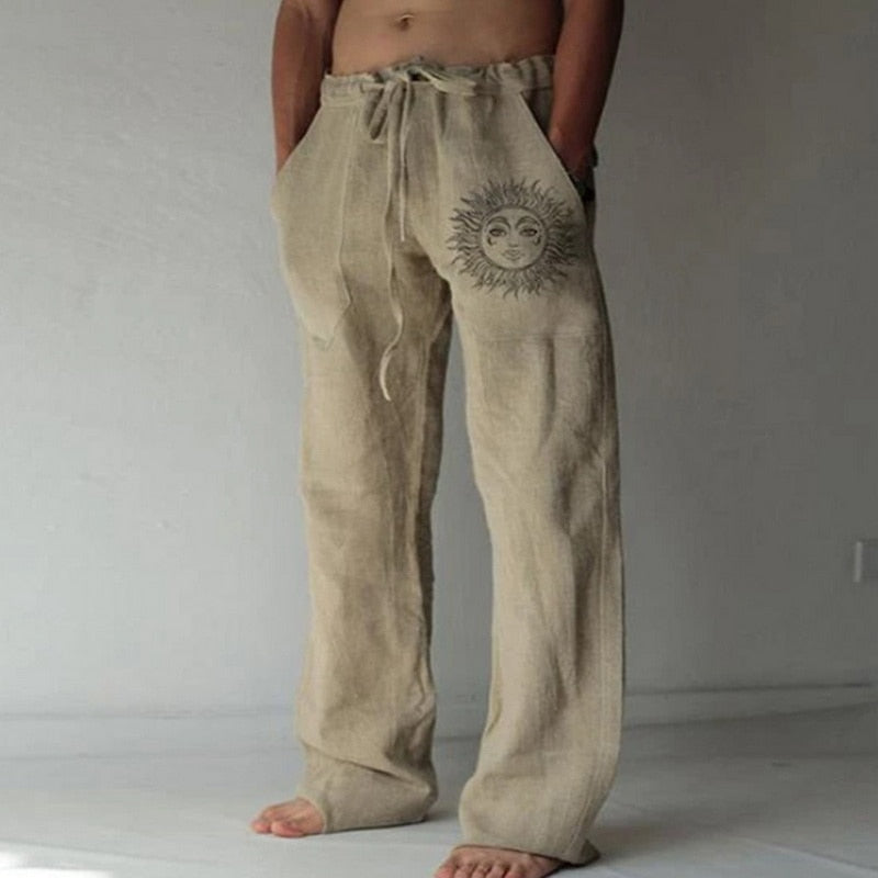 Men'S Summer Loose Casual Pants Daily Wear Solid Full Length Soft Linen Pants Mid Waist Pocket Drawstring Trousers Streetwear