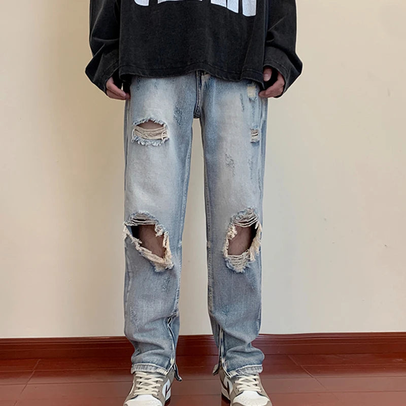 Fashion Brand Broken Hole Denim Jeans Men's American High Street Washed Old Trouser Hem Zipper Pants