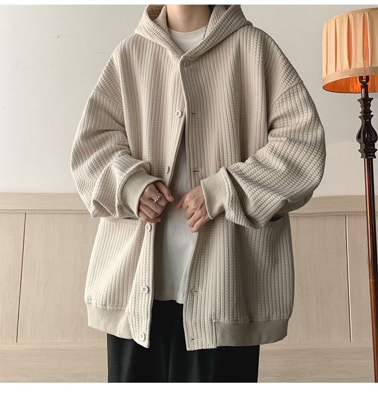 Spring Autumn Winter Fashion Casual Cardigan Jacket Men's Loose Cool Boys Soft Solid Button Hoodie Knitted Waffle Coat