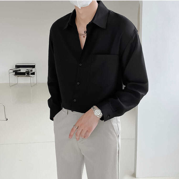 Spring New Senior Long Sleeve Button Down Shirts for Men Korean Fashion Loose Drape Solid Color All-match Men's Shirt Blouse