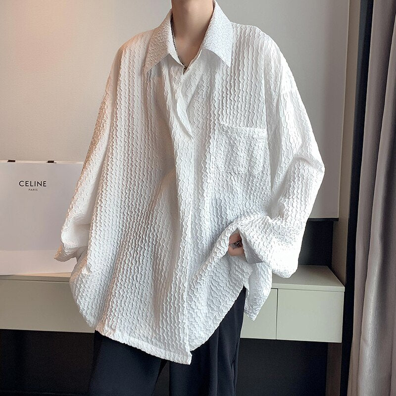 Spring Pleated Shirts Men Fashion Society Mens Dress Shirts Korean Loose Long Sleeve Shirts Mens White Casual Shirts M-2XL