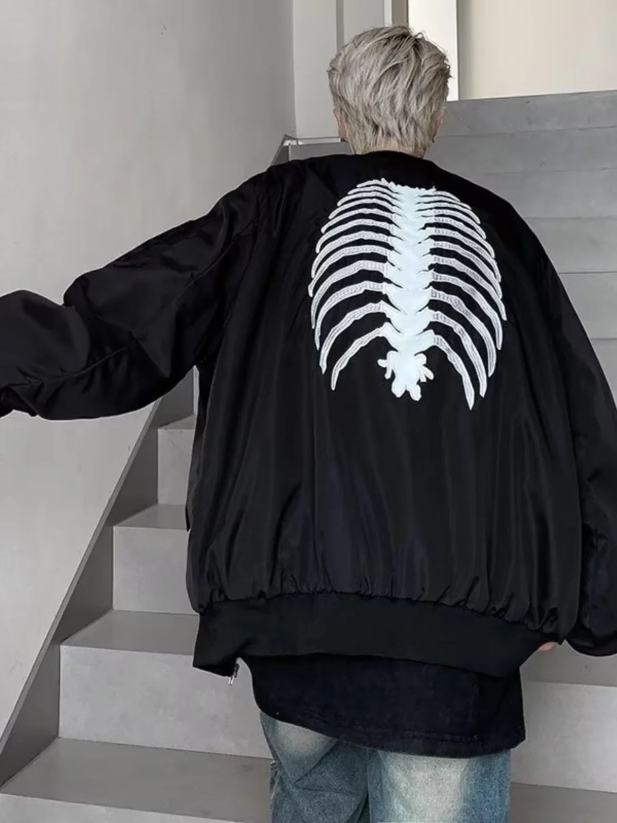 American High Street Hiphop Skeleton Embroidered Baseball Coat Men's Autumn Fashion Brand Dark Black Pilot Jacket fall