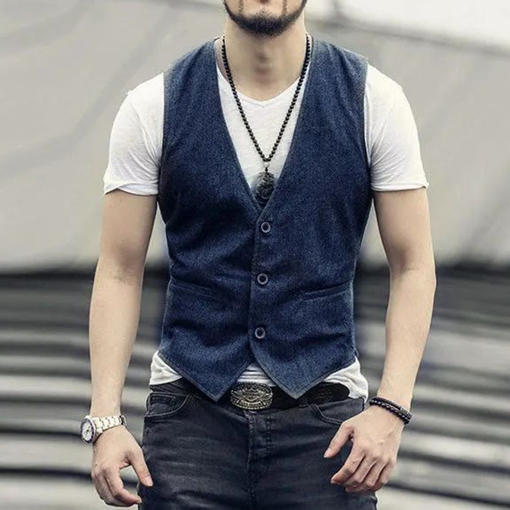 Men's Business British Style Retro Linen Vest Summer Thin Section Slim Three Button V-Neck Slim Gentleman Casual Formal Vest