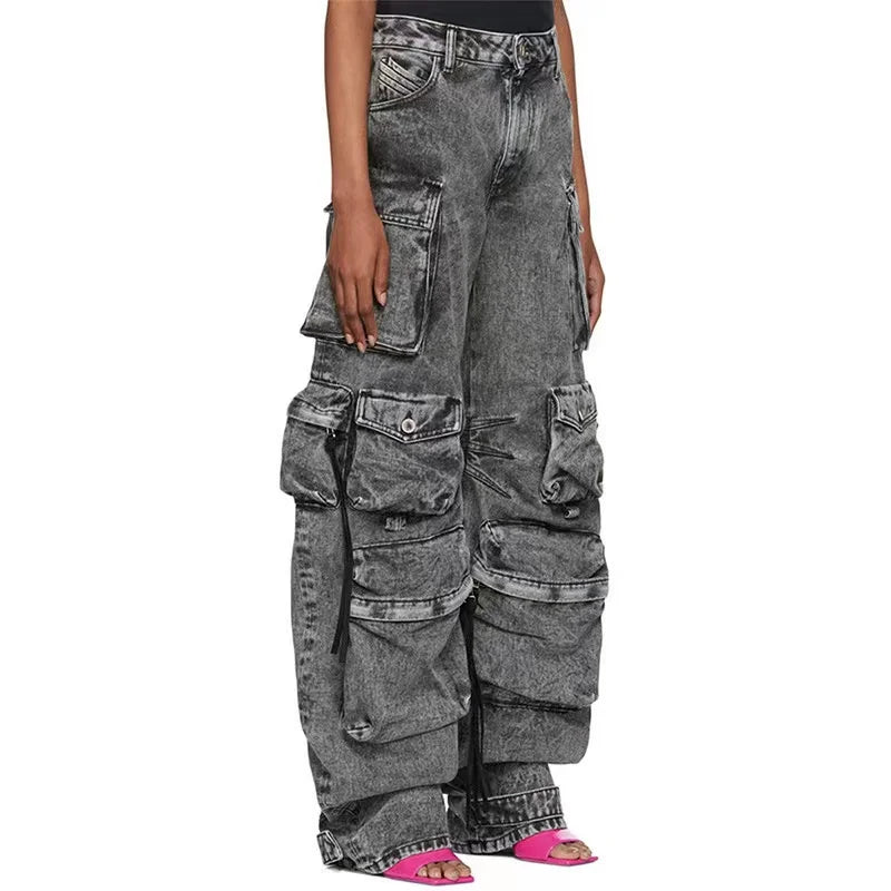 FORUWISH  -  Y2K American retro new washed heavy multi-pocket overalls jeans ladies pants Harajuku Punk Gothic baggy jeans wide-leg pants