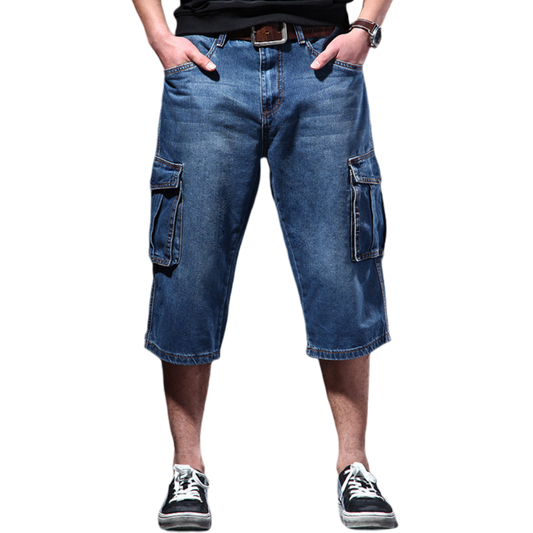 Mens Cargo Denim Shorts Plus Size 40 Loose Skateboard Short Jeans for Male