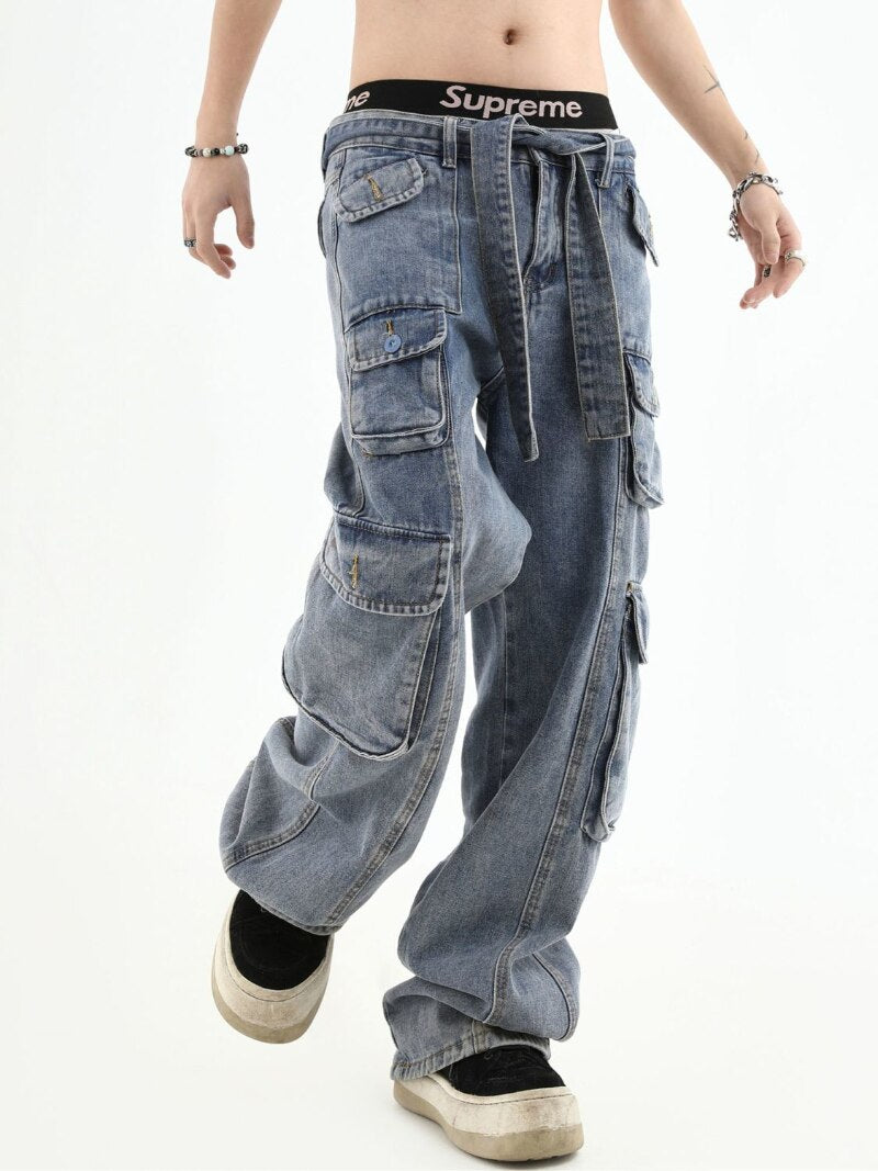 American retro multi-pocket high-waisted overalls men's y2k High street hip hop Gothic couple jeans casual straight leg pants