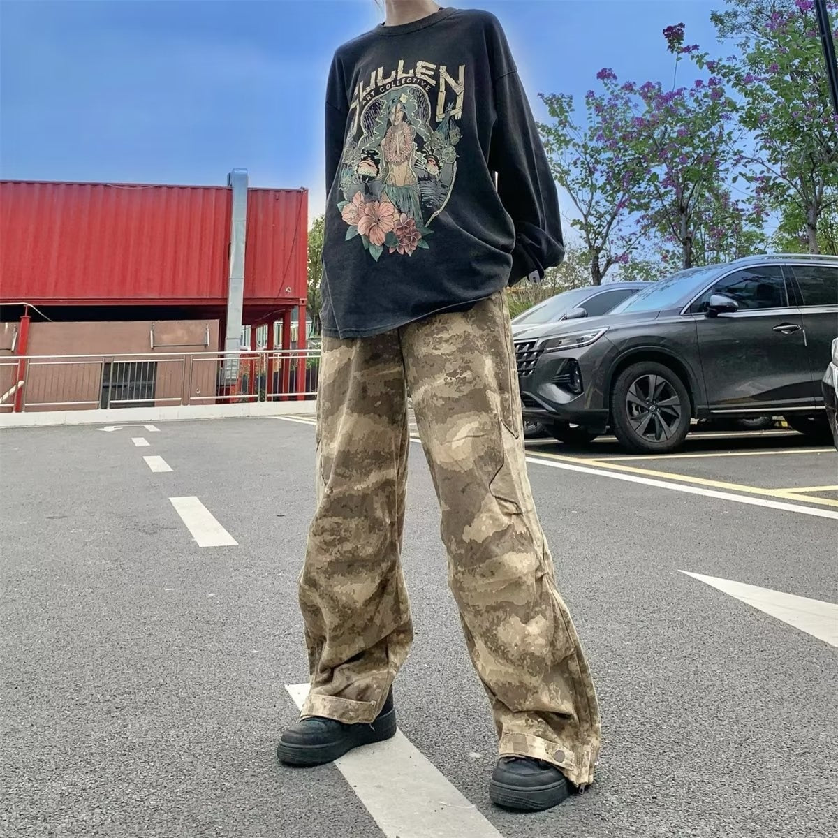 loose straight wide leg baggy camo army pants men's trend handsome versatile original pants japanese streetwear 2023 trousers