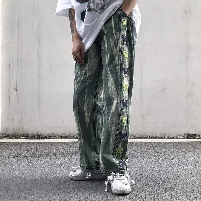 Trousers Hip Hop Straight Men's Jeans Tie Dye Graphic Man Cowboy Pants Y2k Streetwear Baggy 2024 Korean Autumn Harajuku Summer