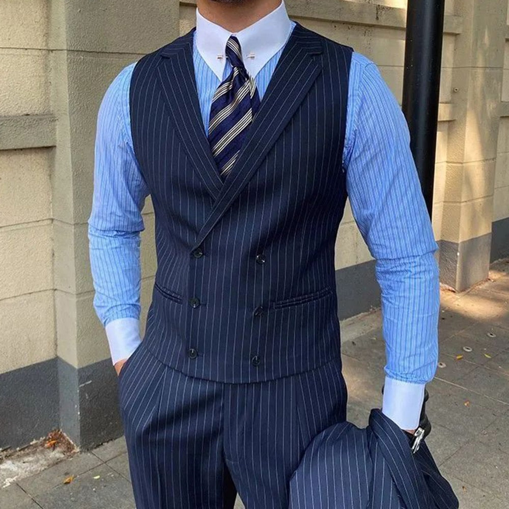 British Style Business Men's Striped Suit Vest Retro Double-breasted Elegant Slim Lapel Casual Men's Vest Retro Waistcoat Trendy