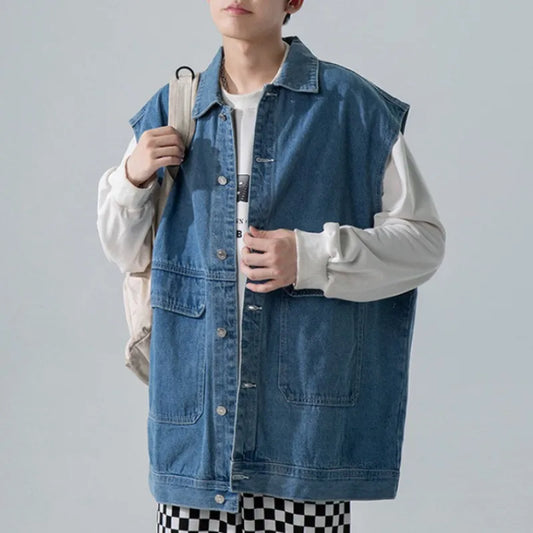 All Season Fashion Men's Solid Pocket Cool Boy Casual Loose Safari Style Tess Button Sleeveless Vest Denim Button Jacket Coat