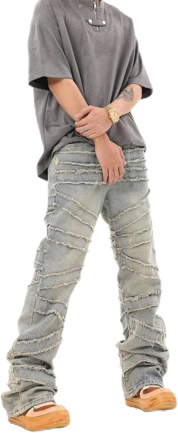 Retro Distressed Line Wool Jeans 2024 Summer New Men's and Women's Street Casual Wash Heavy Slim Y2k Bootcut Jeans Denim