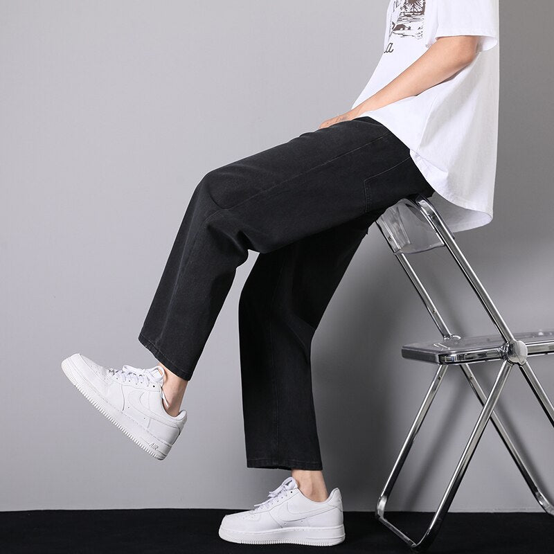 Autumn New Men's Street Loose Jeans Korean Fashion Elastic Waist Design Light Blue Denim Wide-Leg Pants Male Smoke Grey