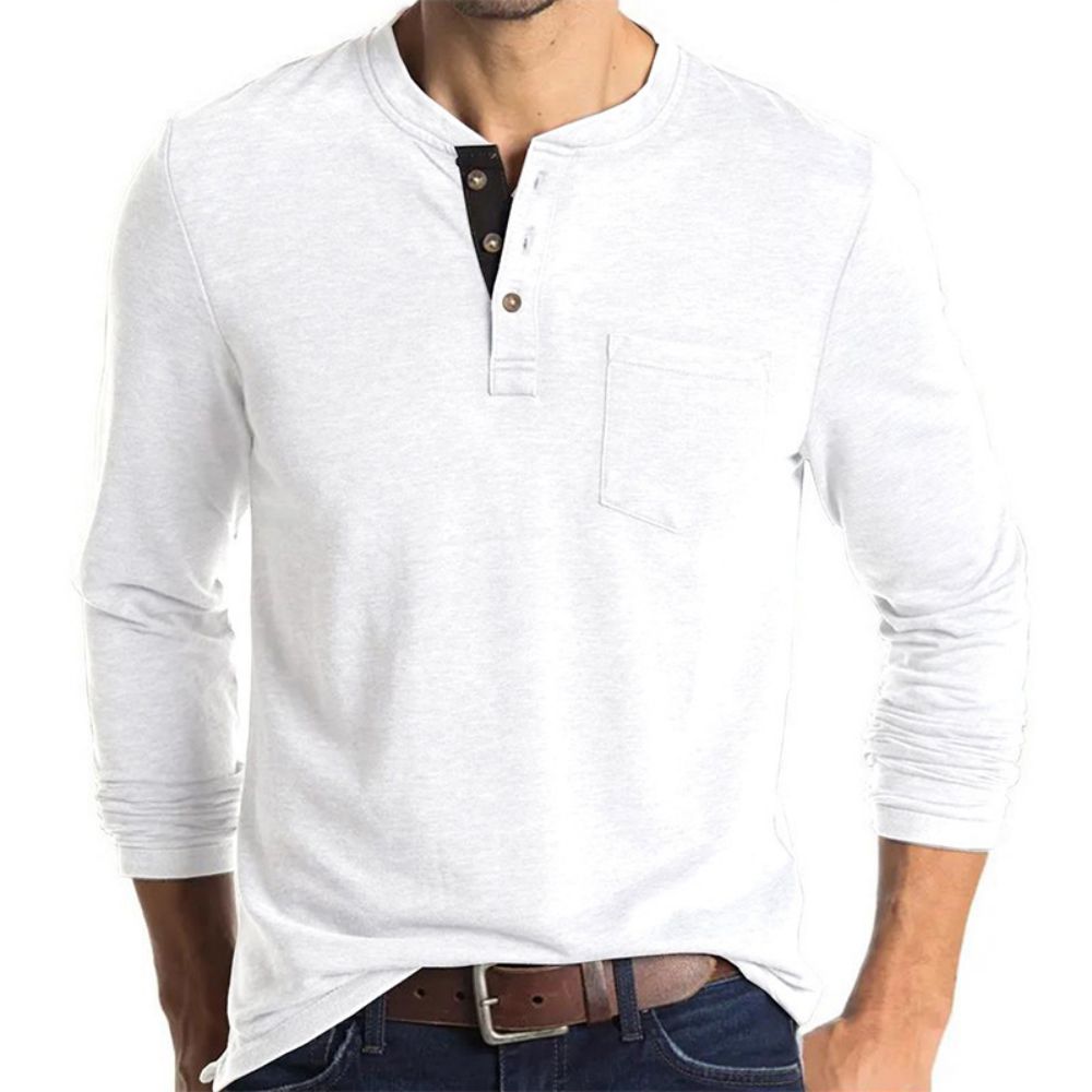 Men's Henley Collar Long Sleeved T-shirts Solid Casual Top Single Breasted Pocket TShirt Soft Comfy Bottoming Shirt for Autumn