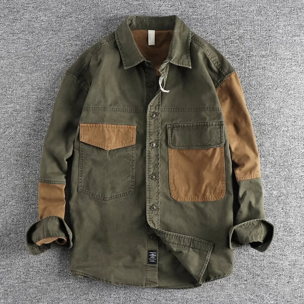 Autumn Men's Vintage Color Block Workwear Jacket Casual Loose Shirt
