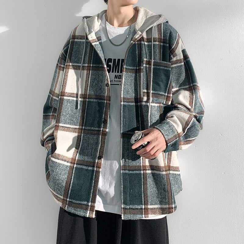 Autumn New College Style Plaid Hooded Jacket Men Loose Fashion Women's Hoodie Woolen Fabric Male Korean Couple Woolen Coat 2023