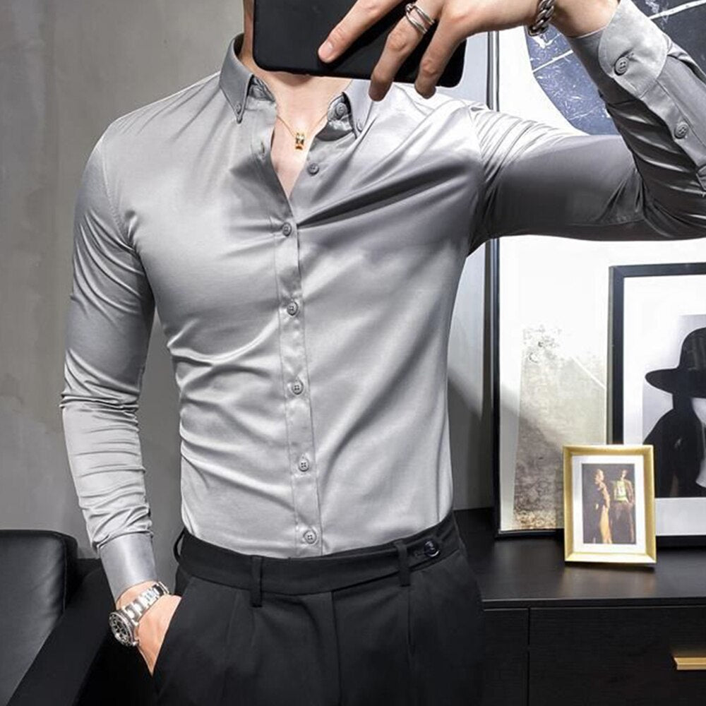 Italian Gentleman Non-ironing Slim Bright Color Men's Shirt Trendy Silky Satin British Style Formal Shirt Business Elegance