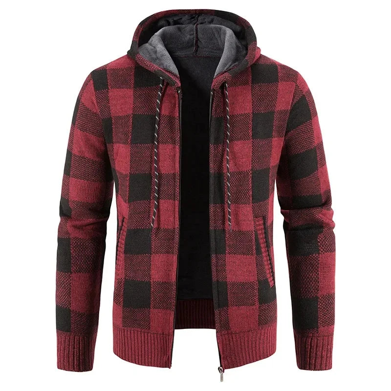 FORUWISH  -  Autumn Men's Plaid Fleece-Lined Hooded Warm Sweater Casual Scenario Logo Printable Other Material China Mainland Origin