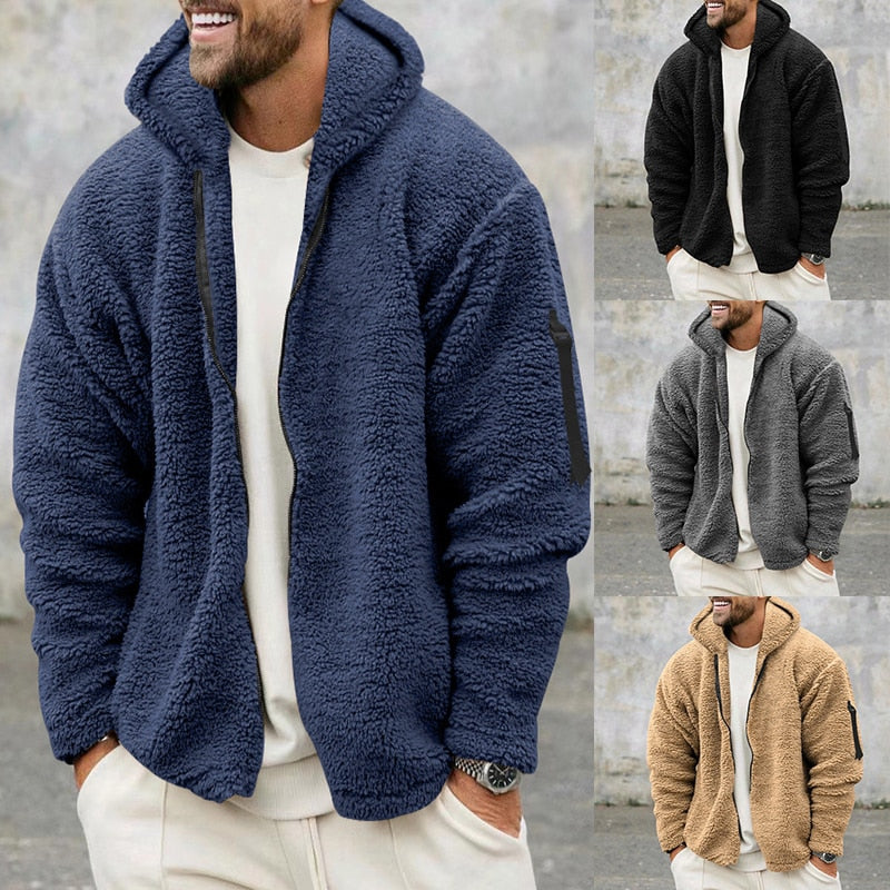 Leisure Outerwear Men Wool Coat Casual Zip-up Hooded Jackets For Mens Fall Winter Fleece Outfits Fashion Loose Pure Color Jacket