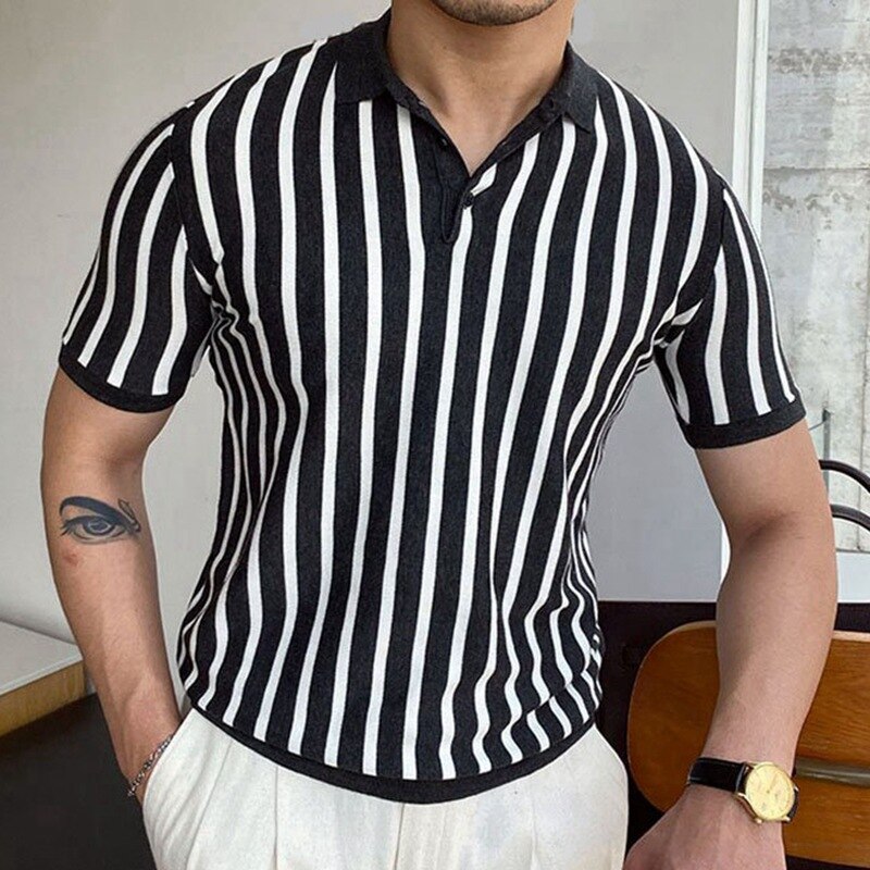 2023 Spring Summer Short Sleeve Knitted Stripe Polo Shirt Casual Men Button Turn-down Collar Tops Men Fashion Polos Tee