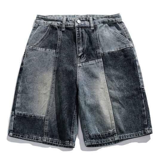 Vintage Patchwork Denim Shorts Men Summer Loose Casual Blue Jeans Shorts Harajuku Hip Hop Streetwear Y2K Shorts Man 2023