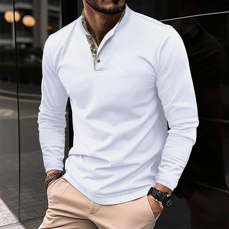 Classic Mens Polo Shirts Long Sleeve Spliced Buttoned Crew Neck Polo T Shirt Autumn Vintage Buttoned Loose Pullover Tops For Man