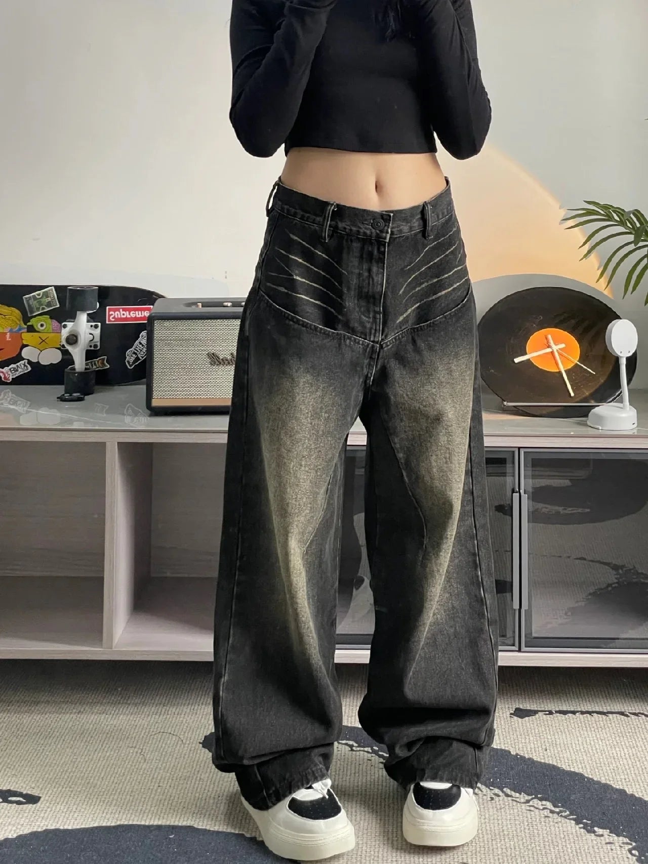 Spring and Autumn American style washed black jeans, men's and women's high street spicy girls straight tube wide leg long pants