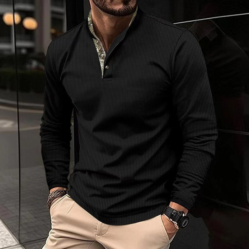 Classic Mens Polo Shirts Long Sleeve Spliced Buttoned Crew Neck Polo T Shirt Autumn Vintage Buttoned Loose Pullover Tops For Man