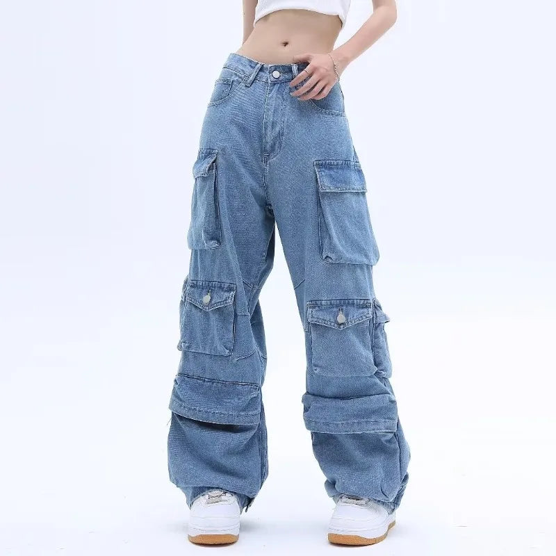 Multi-Pocket Blue Washed Jeans Cargo Pants Y2k Retro Streetwear Fashion High Waist Jeans Couple Harajuku Casual Wide Leg Pants