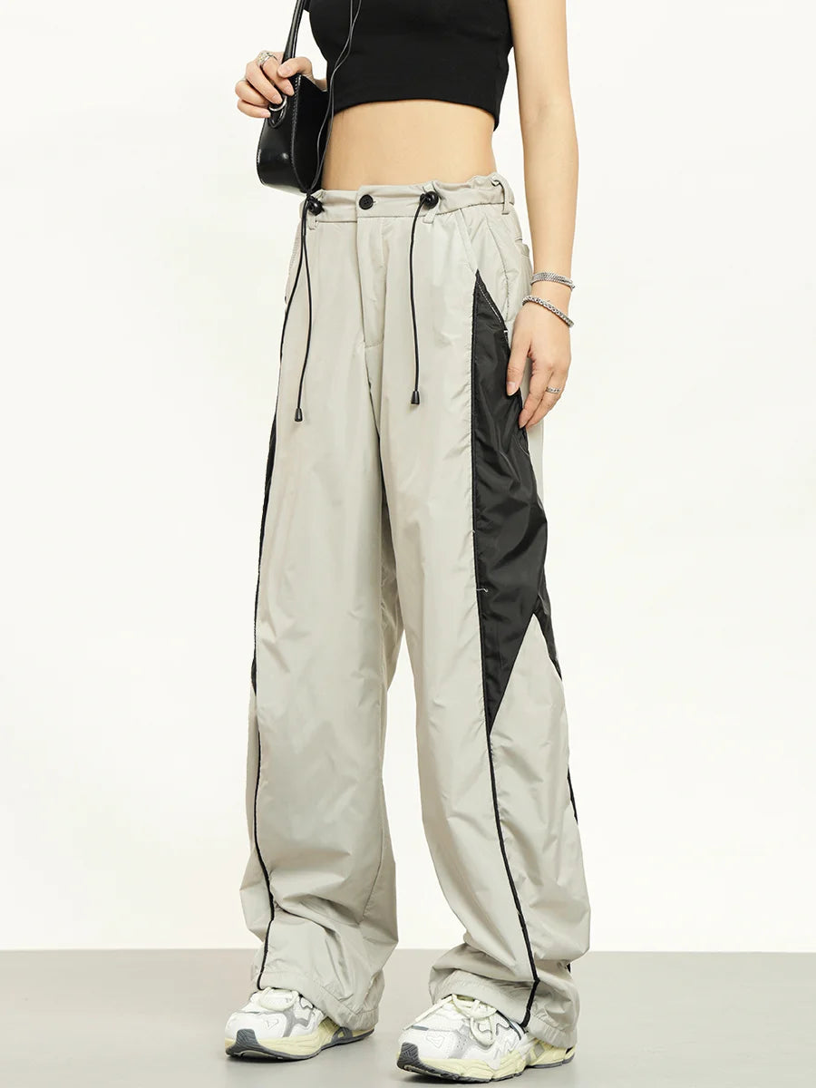 American style patchwork sports pants, women's thin pants, niche design, casual pants, wide legs, loose and draping pants