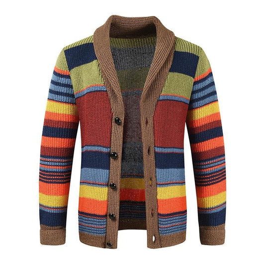 Fall Winter Sweatercoat Mens Bohemian Vintage Style Colorful Striped Crochet Sweater Jacket Men Casual Buttoned Lapel Knit Coats