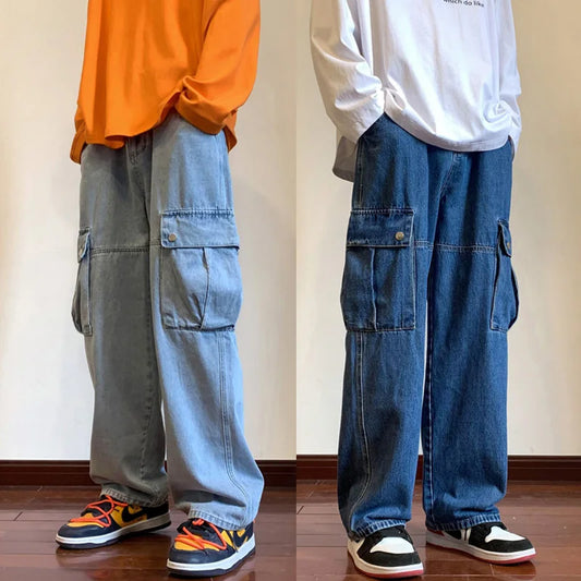 Wide Leg Cargo Pants Autumn New Streetwear Baggy Hip Hop Jeans Big Pockets Men Korean Fashion Loose Straight Male Clothing Blue