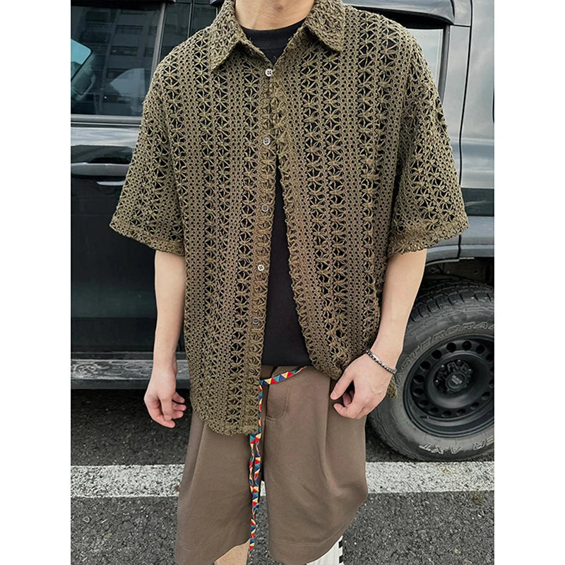 Fashion Army Green Knitted Hollow out Shirt Men Streetwear Transparent Lapel Short Sleeve Button Camisas Sexy Men Clothing 2XL-M