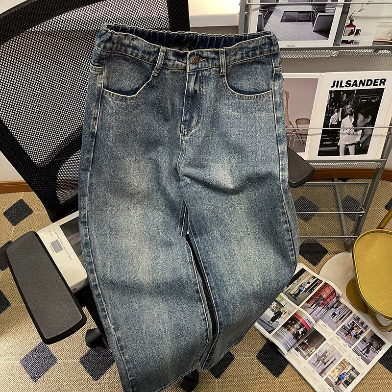 2023 Spring New Men Baggy Jeans Korean Fashion Elastic Waist Classic Style Denim Ankle-Length Pants Neutral Wind Oversize Pants