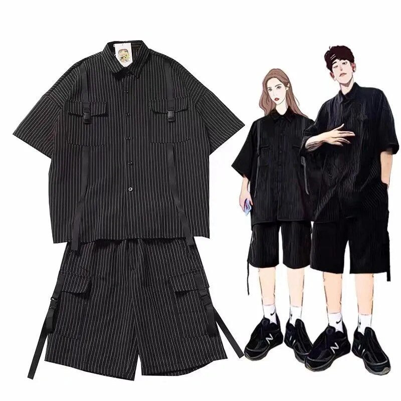 2023 Summer Men's Tracksuit Retro Stripe Ribbon Shirt and Cargo Shorts Fashion Half Sleeve Loose Two Piece Set for Unisex Black