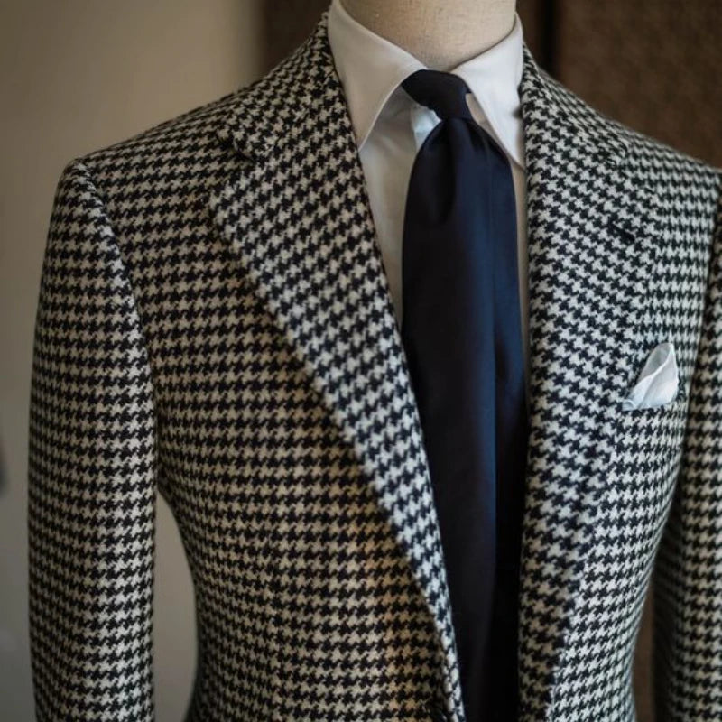 Houndstooth Business Blazer for Men 2024 Plaid Notched Lapel Suit Jacket Formal Male Fashion Coat