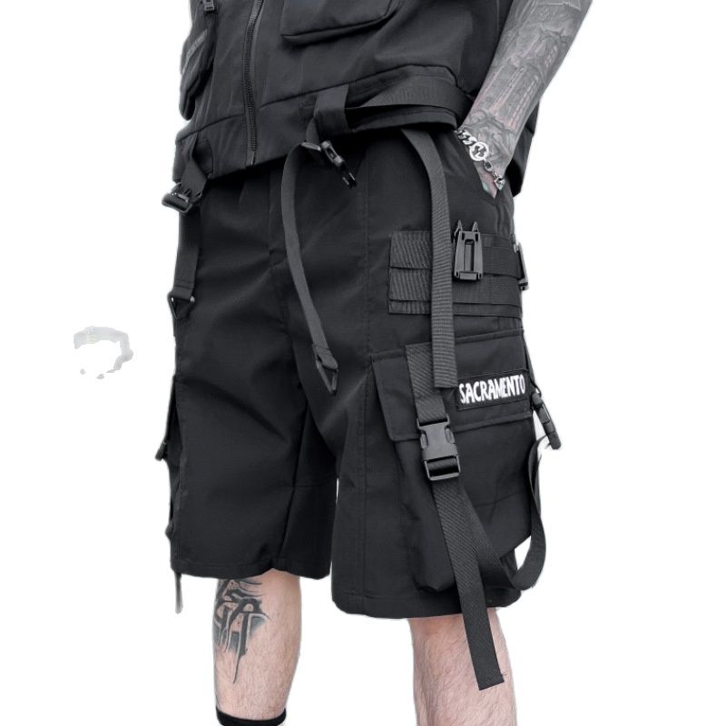 2023 Summer Techwear Cargo Shorts Rinbbons Multi Pockets Punk Hip Hop Short Pants For Man Street Casual Short Homme