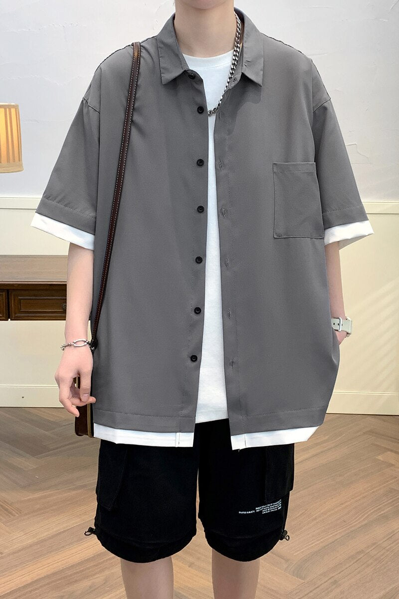 Fake-two Piece Casual Shirts Men Plus Size 5XL Korean Fashion Patchwork Shirt Loose Handsome High Street Blousee