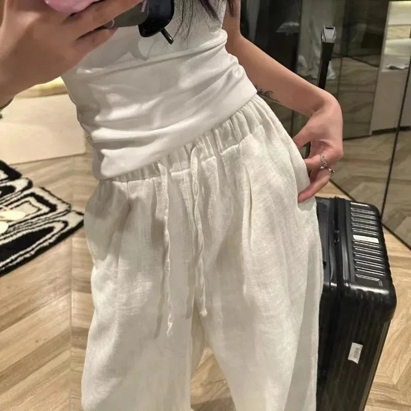 White Basic Linen Women Pants Elastic Waist Harajuku Korean Fashion Baggy Trousers Female Thin Oversized Casual Summer