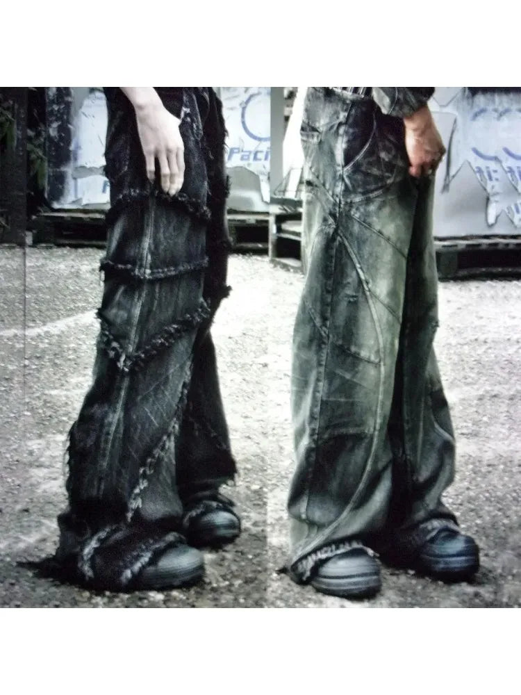 FORUWISH  -  Y2k Fashion New American Tassel Black And Gray Washed Jeans Men Street Gothic Punk Style Teenagers Retro Loose Wide-leg Pants