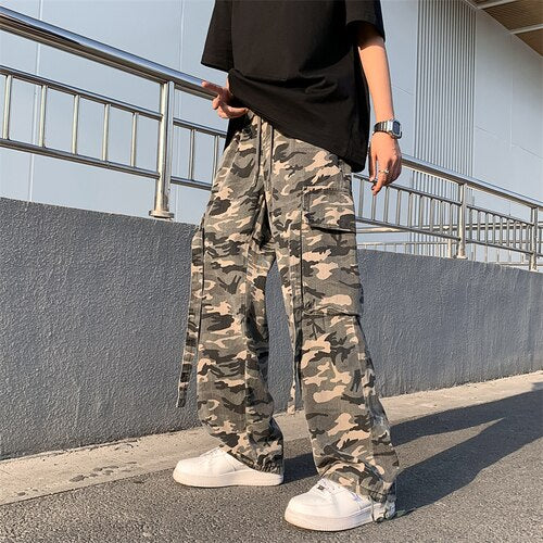 Pants Men American Retro Ribbons High Street Cargo Trousers Loose Spring Military Elastic Waist Large Size All-match Harajuku