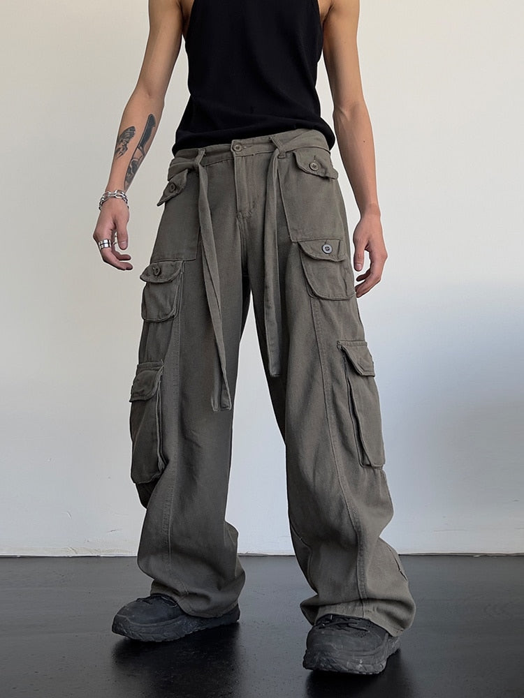 High street retro casual large pocket overalls men's and women's new summer high waist loose straight tube draped wide leg pants