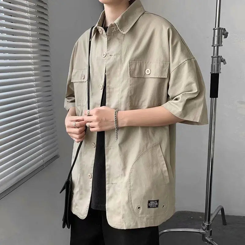 Elegant Fashion Shirts Loose Solid Patchwork Casual Turn-down Collar Short Sleeve Pockets Spring Summer Thin Men's Clothing