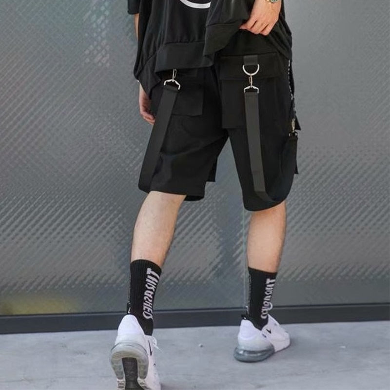 Men's Shorts Cargo Pants Man Casual Shorts Black Cargo Trousers Male Summer Gym Shorts Japanese Hip Hop Techwear Ribbons